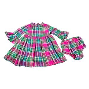 Ralph Lauren Baby Girls 18M Pink Green Plaid Ruffle LS Dress & Bloomers Set